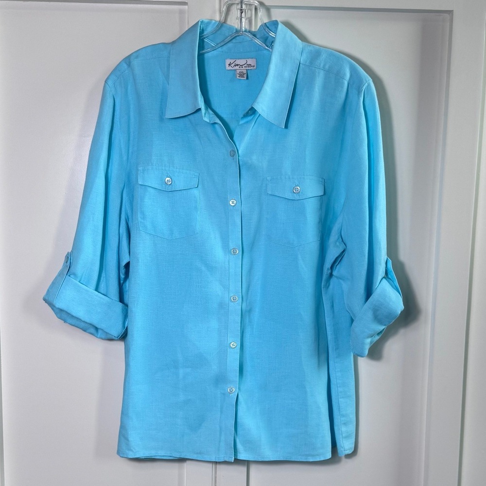 Kim Rogers Petite PXL‎ Turquoise 100% Linen Roll Tab Button Up Shirt Top